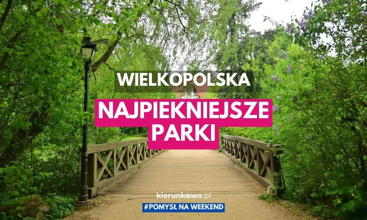 Drewniany mostek prowadzi przez zielony park w Wielkopolsce. Odkryj najpiękniejsze parki krajobrazowe w Wielkopolsce na weekendowy wypad.
