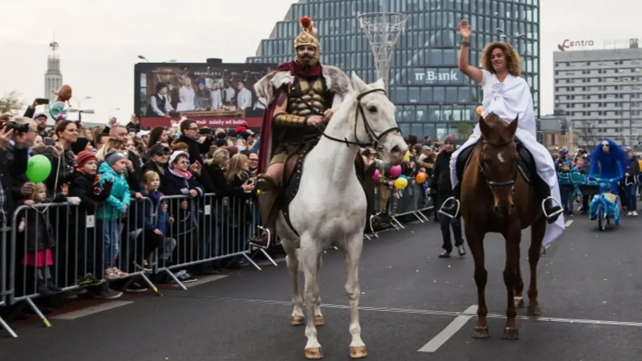 Kiedy jest Marcina, rzymski wojownik na białym koniu i kobieta w bieli na brązowym koniu przejeżdżają przez tłum.