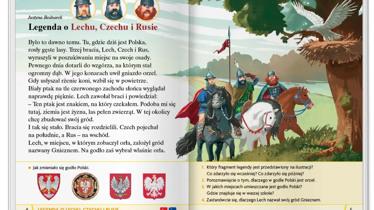 Ilustracja do legendy o Lechu, Czechu i Rusie. Trzej bracia na koniach podziwiają orła na dębie, symbolizującego początek Polski.