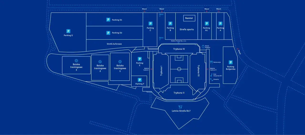 Plan stadionu miejskiego Poznań: boiska treningowe, parkingi, trybuny, restauracja i strefa sportu.