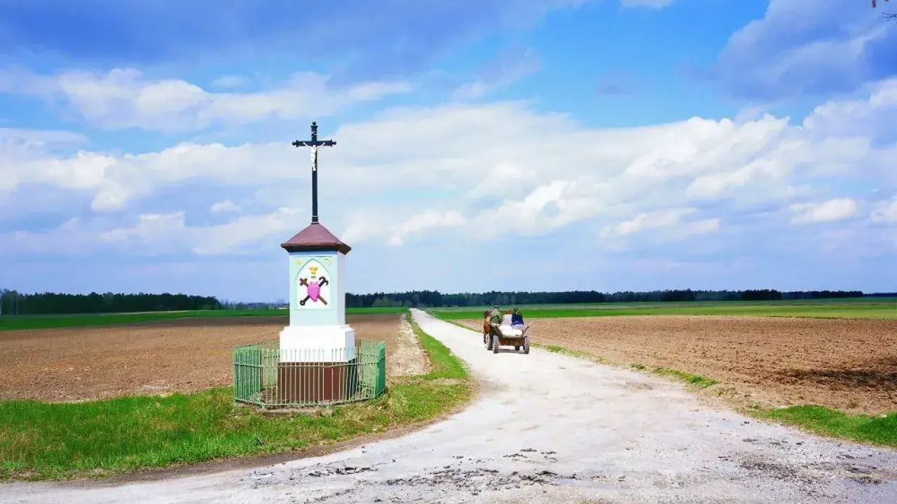 Krzyż przy drodze, obok pola i lasu. Na drodze widać wóz ciągnięty przez konie, z ludźmi.