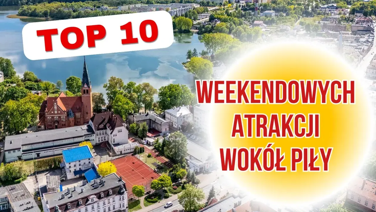 TOP 10 weekendowych atrakcji wokół Piły. Widok z lotu ptaka na miasto z jeziorem, kościołem i kortami tenisowymi.