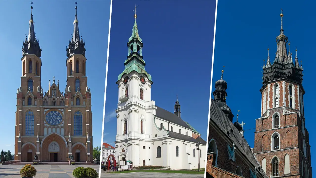 Trzy kościoły, w tym bazylika z dwiema wieżami, biały kościół z zegarem i wieża z cegły. To przykłady, co to jest sanktuarium.