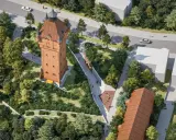Nowoczesna aranżacja terenu wokół wieży ciśnień w Śremie. Spacerowicze cieszą się zielenią i architekturą.
