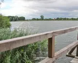 Drewniana kładka nad spokojnym jeziorem Lednica, otoczona trzcinami i zielenią.