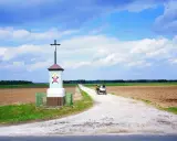 Krzyż przy drodze, obok pola i lasu. Na drodze widać wóz ciągnięty przez konie, z ludźmi.
