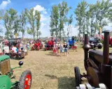 Festiwal starych ciągników i maszyn rolniczych. Tłumy ludzi podziwiają zabytkowe maszyny na trawiastym polu, w tle drzewa i błękitne niebo.