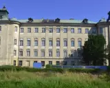 Imponujący pałac, największy zamek w Wielkopolsce, z zielonymi dachami i licznymi oknami, otoczony drzewami i trawą.