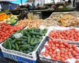 Świeże pomidory, ogórki, cebula i ziemniaki na stoisku na best market poznan.