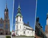Trzy kościoły, w tym bazylika z dwiema wieżami, biały kościół z zegarem i wieża z cegły. To przykłady, co to jest sanktuarium.