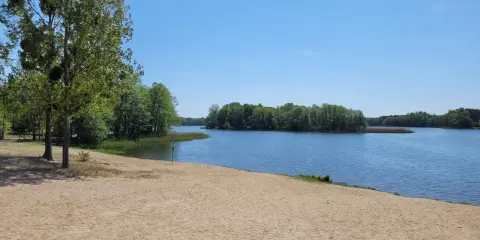 Piękny dzień nad jeziorem w Wielkopolsce. Piaszczysta plaża, spokojna woda i zielone drzewa tworzą idealne miejsce na wypoczynek.