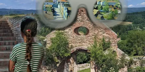 Dziewczynka patrzy na ruiny, wyobrażając sobie dawne osieczna atrakcje. Widok na historyczne budynki i krajobraz.