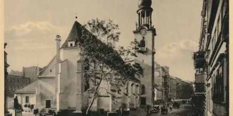 Poznań, Kościół św. Marcina z wieżą i ulicą pełną kamienic. Dawne czasy na ulicy św. Marcina.