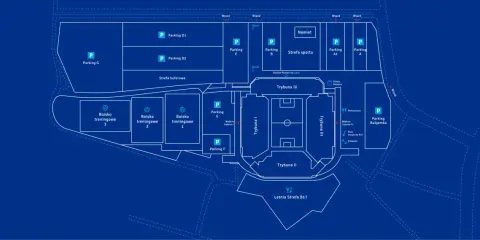 Plan stadionu miejskiego Poznań: boiska treningowe, parkingi, trybuny, restauracja i strefa sportu.