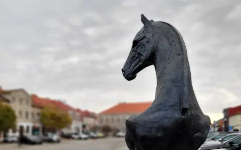 Czarny, metalowy pomnik konia w Koninie, z widokiem na zabytkowe kamienice i samochody.