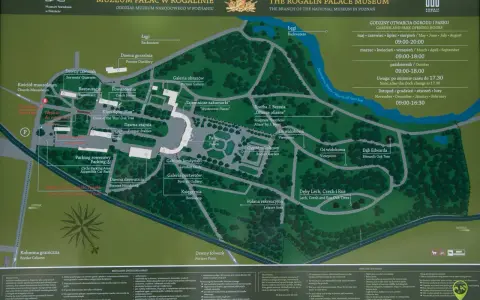 Mapa **Rogaliński Park Krajobrazowy** z zaznaczonymi zabytkami, alejami i punktami widokowymi.