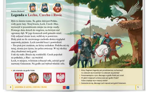 Ilustracja do legendy o Lechu, Czechu i Rusie. Trzej bracia na koniach podziwiają orła na dębie, symbolizującego początek Polski.