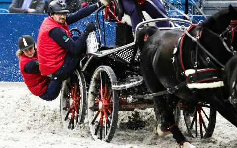 Para jeźdźców w czerwonych kamizelkach w akcji podczas Cavaliady. Dynamiczna jazda zaprzęgiem po piaszczystym torze.