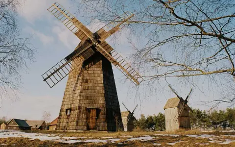 Drewniane wiatraki, jeden duży i dwa mniejsze, stoją na tle nieba i nagich drzew. W oddali widać zabudowania. To malowniczy **osiek nad Notecią**.