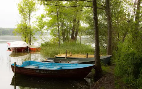 Łodzie zacumowane nad jeziorem w Sierakowskim Parku Krajobrazowym. Wiosna w pełni, drzewa zielone, woda spokojna.