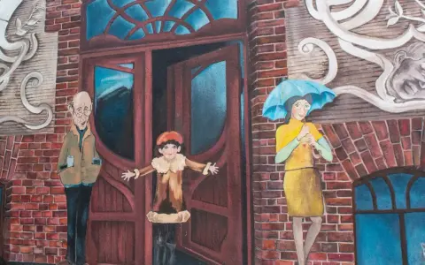 Urocze murale w Poznaniu: starszy pan z kubkiem, dziecko w drzwiach i kobieta z parasolką.