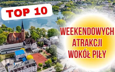 TOP 10 weekendowych atrakcji wokół Piły. Widok z lotu ptaka na miasto z jeziorem, kościołem i kortami tenisowymi.