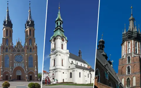 Trzy kościoły, w tym bazylika z dwiema wieżami, biały kościół z zegarem i wieża z cegły. To przykłady, co to jest sanktuarium.