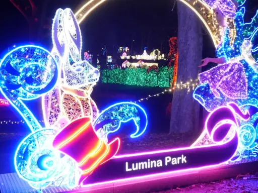 Magiczne iluminacje w Lumina Park Poznań: bajkowe króliki i tańczące światła tworzą niezwykłą atmosferę.
