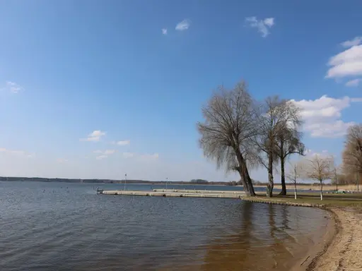 Spokojne jezioro w Zbąszyniu, z piaszczystą plażą i pomostem. Drzewa bez liści tworzą malowniczy krajobraz.