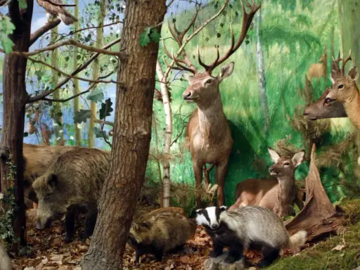 Wielkopolski Park Narodowy zwierzęta: dziki, jelenie, borsuki i ptactwo wodne w leśnej scenerii.