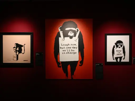 Wystawa w Poznaniu prezentuje prace Banksy'ego. Trzy obrazy z małpami, w tym słynne "Laugh now, but one day we'll be in charge".