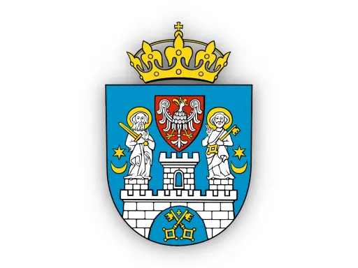 Herb z koroną, orłem i świętymi. Symbol poznania i władzy, z kluczami u podstawy.