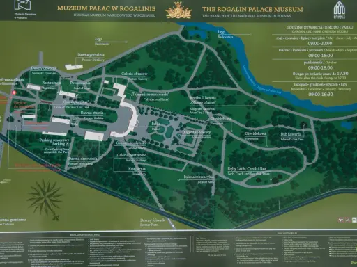 Mapa **Rogaliński Park Krajobrazowy** z zaznaczonymi zabytkami, alejami i punktami widokowymi.