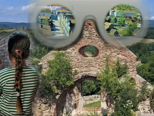 Dziewczynka patrzy na ruiny, wyobrażając sobie dawne osieczna atrakcje. Widok na historyczne budynki i krajobraz.