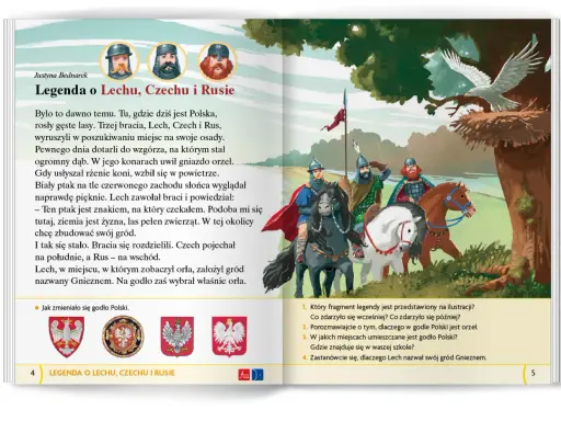 Ilustracja do legendy o Lechu, Czechu i Rusie. Trzej bracia na koniach podziwiają orła na dębie, symbolizującego początek Polski.