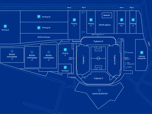 Plan stadionu miejskiego Poznań: boiska treningowe, parkingi, trybuny, restauracja i strefa sportu.