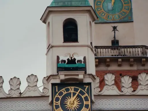 Koziołki poznańskie, symbol z którego słynie Poznań, na tle Ratusza.
