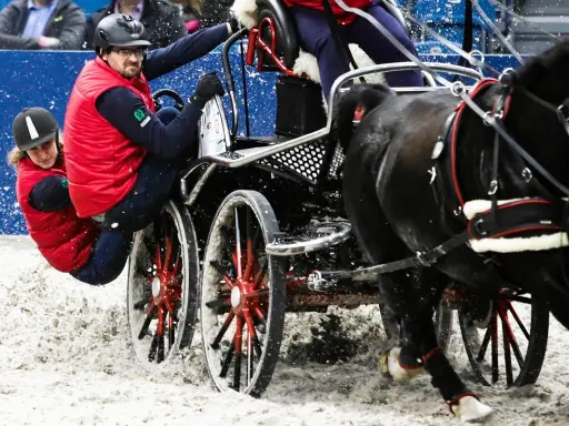 Para jeźdźców w czerwonych kamizelkach w akcji podczas Cavaliady. Dynamiczna jazda zaprzęgiem po piaszczystym torze.
