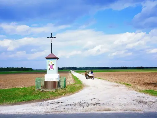 Krzyż przy drodze, obok pola i lasu. Na drodze widać wóz ciągnięty przez konie, z ludźmi.