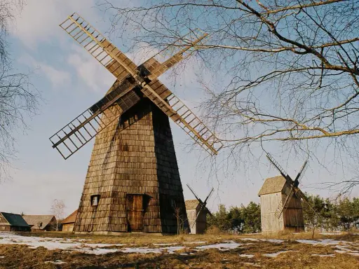 Drewniane wiatraki, jeden duży i dwa mniejsze, stoją na tle nieba i nagich drzew. W oddali widać zabudowania. To malowniczy **osiek nad Notecią**.