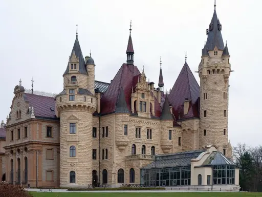 Imponujący zamek z licznymi wieżami i czerwonymi dachami. Idealne miejsce na zwiedzanie zamków i pałaców.