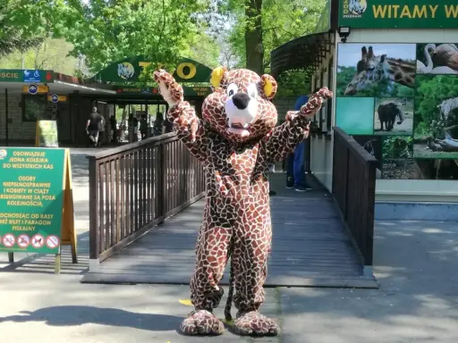 Pluszowy żyrafa wita gości w poznańskim zoo. Wesoła poznańska majówka w towarzystwie zwierząt.