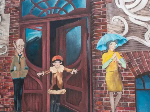 Urocze murale w Poznaniu: starszy pan z kubkiem, dziecko w drzwiach i kobieta z parasolką.