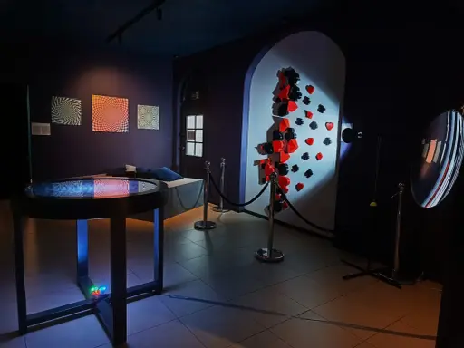 W muzeum iluzji Poznań zobaczysz obrazy optyczne, iluzje 3D z kartami do gry i zakrzywione lustro.