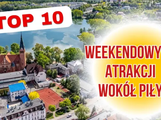 TOP 10 weekendowych atrakcji wokół Piły. Widok z lotu ptaka na miasto z jeziorem, kościołem i kortami tenisowymi.