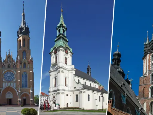 Trzy kościoły, w tym bazylika z dwiema wieżami, biały kościół z zegarem i wieża z cegły. To przykłady, co to jest sanktuarium.
