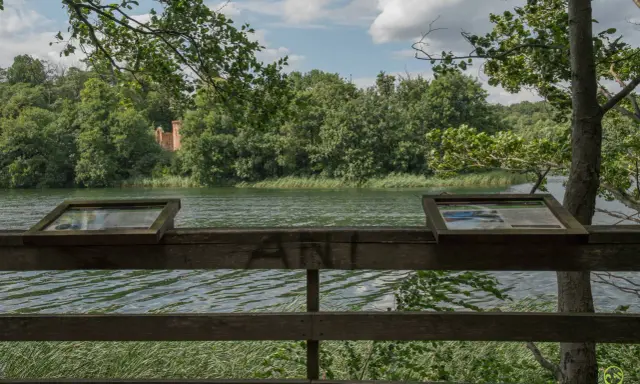 Widok na jezioro w Wielkopolskim Parku Narodowym. Na pierwszym planie drewniana balustrada z tablicami informacyjnymi. W oddali las i ruiny ceglanej budowli.