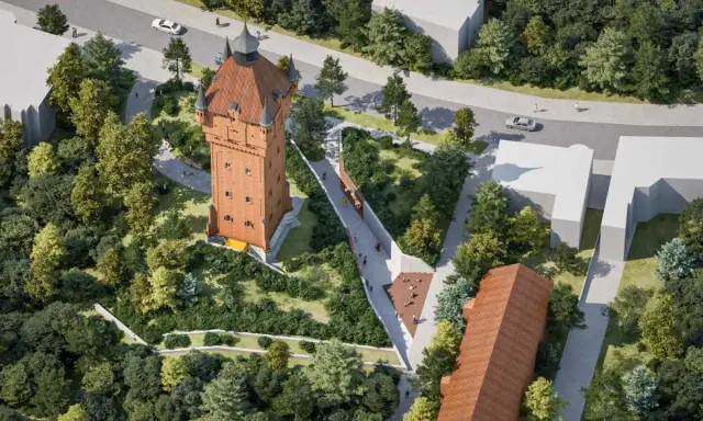 Nowoczesna aranżacja terenu wokół wieży ciśnień w Śremie. Spacerowicze cieszą się zielenią i architekturą.