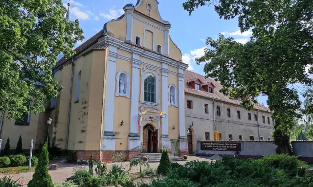 Żółty kościół w Szamotułach z białymi zdobieniami, otoczony zielenią. Obok tablica informująca o adoracji.