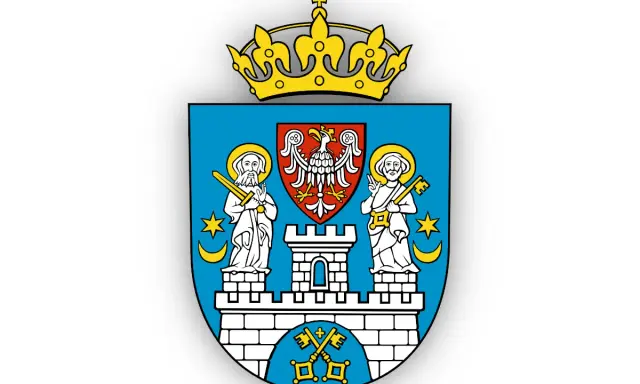 Herb z koroną, orłem i świętymi. Symbol poznania i władzy, z kluczami u podstawy.
